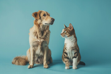 Dog and cat sitting for photo, isolated, blue background, pets, friendship