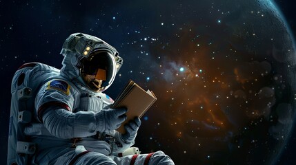 Fototapeta premium Spaceman or Astronaut Reading Book