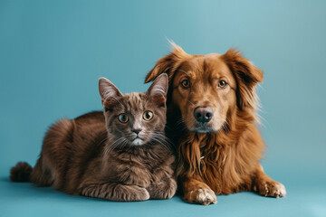 Dog and cat sitting for photo, isolated, blue background, pets, friendship