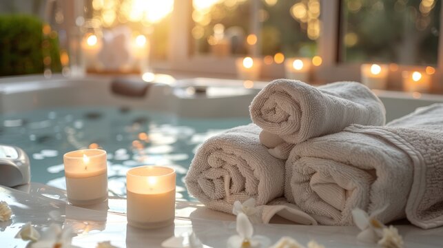 A luxurious spa setting with a bubbling hot tub surrounded by candles, rose petals, and plush towels, creating a relaxing and indulgent atmosphere for pampering oneself.