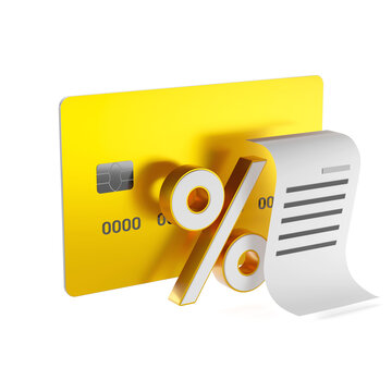 3D icon of interest, deposit, bank card. Composition of the card and percentages.