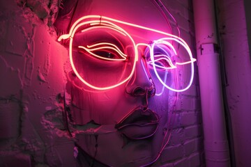 pink magenta  neon sign on a wall with a outline of woman female face wearing glasses