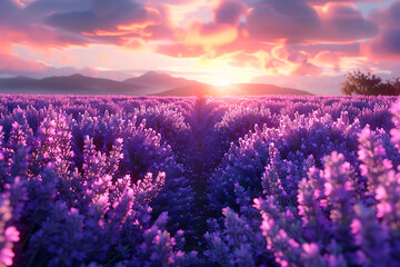 Fototapeta premium A stunning view of lavender fields filled with vibrant blooms, creating a mesmerizing and beautiful wallpaper for any digital screen