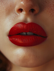 Obraz premium Close-up photograph showcasing red lipstick on a woman's lips.