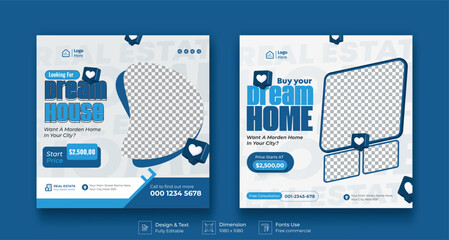 Real estate social media post banner template. Modern Social Media banner template. Set of editable real estate house sale and home rent advertising geometric modern square banner.