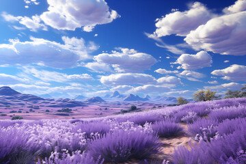 Tranquil Lavender Paradise with Fluffy Clouds