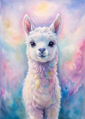 Cute Baby Llama on a Pastel Background: Dreamy Pastel Palette, Soft Delightful Watercolor Colors