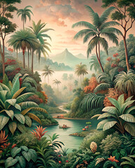 Old retro wallpaper of a lush jungle landscape
