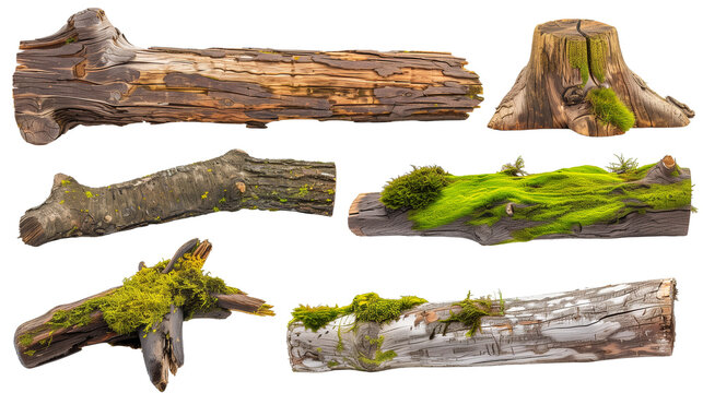 Set of fallen wooden trunks with green and yellow moss, showcasing the ecosystem's ability to reclaim and recycle