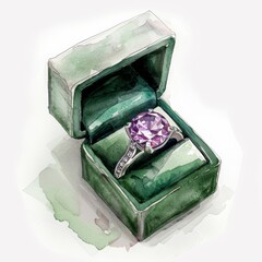 Watercolor Painting of Engagement Ring in Velvet Box