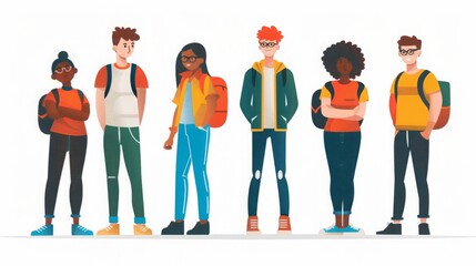 Obraz premium A group of individuals wearing backpacks standing in a straight line, ready for an outdoor adventure.