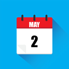 Calendar icon. Red and white. May 2. Vector illustration.