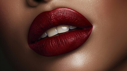 Fototapeta premium Close-up of red lips with glossy lipstick on smooth skin.
