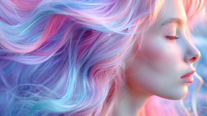 Naklejka premium Young woman with colorful pastel hair, serene profile view.