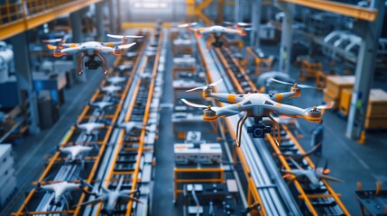 A drone production line in an industrial factory, with multiple drones flying through the air.