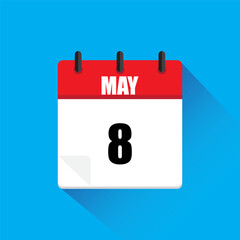 Calendar page May. Date eight. Vector illustration. Blue background.