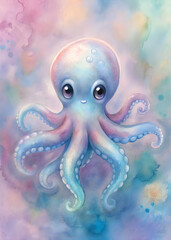 Cute Baby Octopus on a Pastel Background: Dreamy Pastel Palette, Soft Delightful Watercolor Colors
