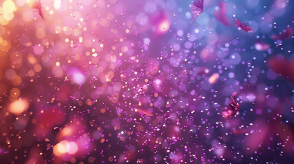 Colorful bokeh background with purple and pink lights and particles.