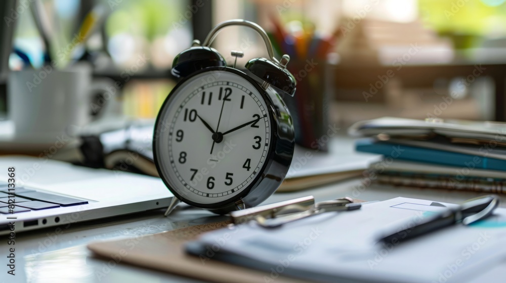 Poster an alarm clock rests on a desk next to a laptop, suggesting a work or study environment.