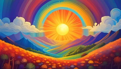 colorful picture with sun and rainbow, digital art