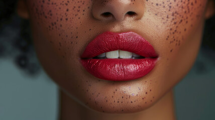 Close-up of woman's lips with red lipstick and freckles.