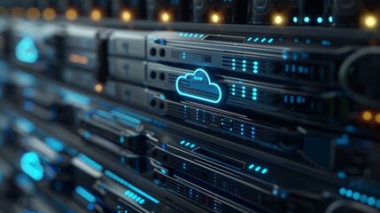 Close-up of server racks in a data center with futuristic blue lighting and cloud computing icons, representing modern technology infrastructure.
