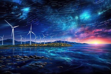 Captivating coastal landscape at dusk with wind turbines on hills, star trails in the sky, and a vibrant reflection in the ocean.
