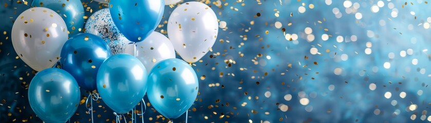 Light blue and white balloons with shiny blue background.