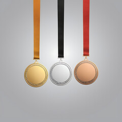 Three blank medals - gold, silver, and bronze - hanging on ribbons against a grey background