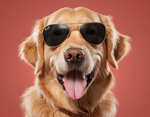 A stylish golden retriever dog wearing black aviator sunglasses smiles at the camera against a neutral gray background