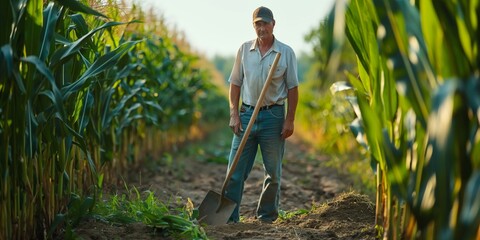 A mature farmer wearing a hat and denim stands with a shovel in a lush green cornfield during the day