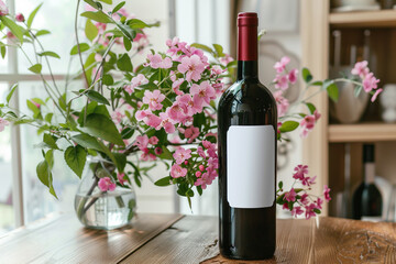 Red wine bottle with blank wine mock-up label on wood table with pink flowers in a vase, Generative AI