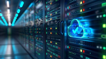 Obraz premium Modern data center with futuristic cloud computing technology, servers, and secure data storage.