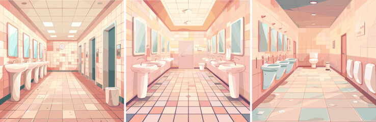 Empty public toilet cartoon vector scenes. Sinks washbasins mirrors urinals liquid soap tiles wastebasket pink tones interior colorful illustrations