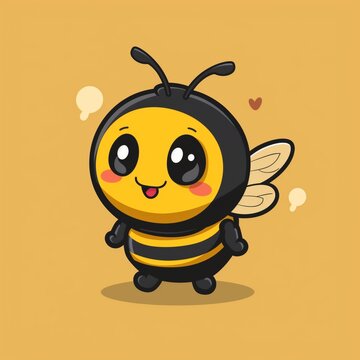 Adorable illustrated cartoon bee with a big smile and rosy cheeks, on a yellow background