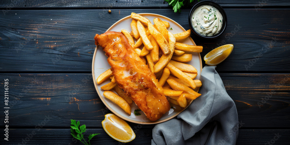 Wall mural plate of fish and chips with space for copy