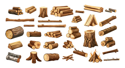 Firewood pile cartoon vector set. Logs bonfire branches sticks forest wood tree burning bundle dry brushwood log trunk, bright illustration isolated on white background