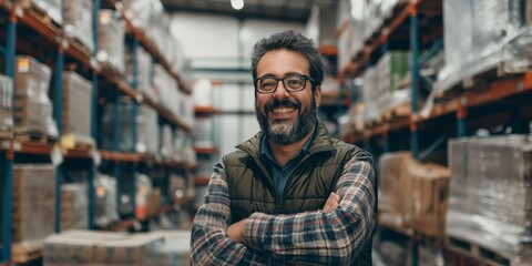 Cheerful warehouse worker with a beard stands crossed-armed in a warehouse with shelves and boxes