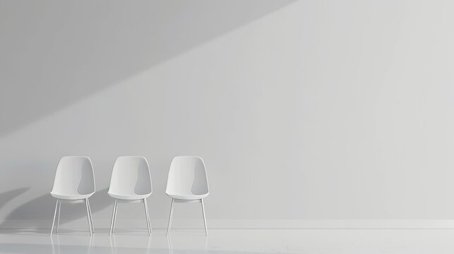 Three dimensional rendering mockup of white chairs in an empty white background. Concept of minimalism and installation art.