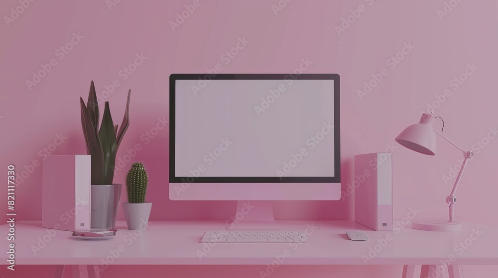 Poster an example of a 3d minimat desktop with an empty screen mockup for text and logo replacement, with a