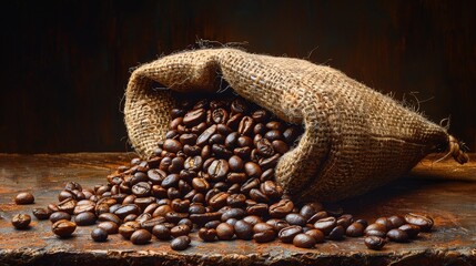 Rich Aroma Unleashed: Coffee Beans in Burlap Sack with Dramatic Shadows - Realistic Painting in Dark Tones
