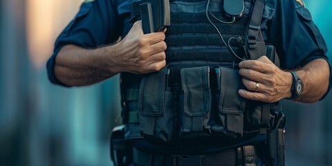 A detailed shot emphasizing the readiness and seriousness of a tactical officer equipping gear