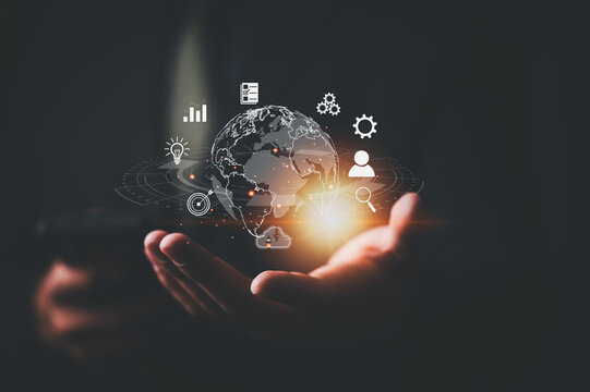 Businessman using smart phone . Global business internet connection application technology and digital marketing. Finance and Banking Digital Link Technology Big Data