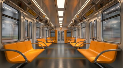 3D rendering of a subway car with an empty interior, a metro cross section, and a metro crossroads