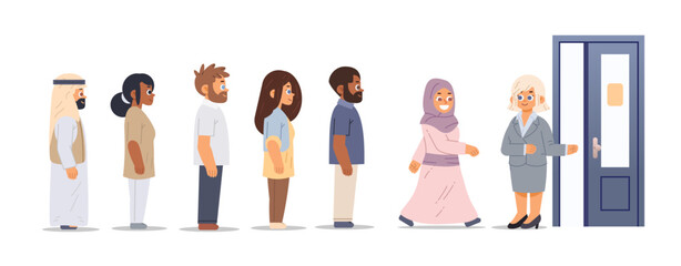 Happy employer opens the door to job candidates. Group of diverse people queue at the door. Flat vector illustration