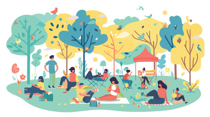 Characters relaxing in park on summer holiday. 