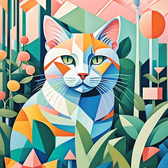 Close-up of a pastel-colored, geometric schematic pretty cat in a garden
