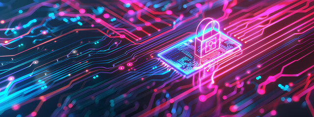Fototapeta premium Digital Security with Neon Padlock