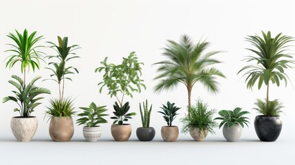 Isolated on transparent background, a collection of beautiful plants in ceramic pots. 3D rendering.