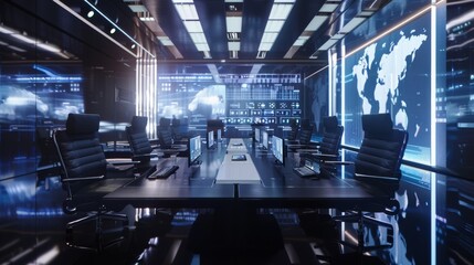 Management working at a table in a monitoring room full of state-of-the-art technology. Computers with animated screens.
